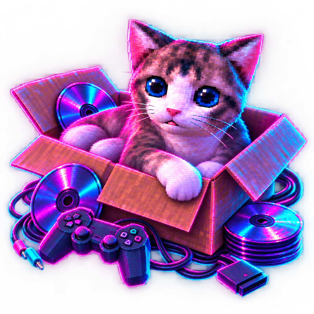 Lowpoly Cat sitting inside an old cardboard box surrounded by scattered CDs, tangled cables, and a console controller