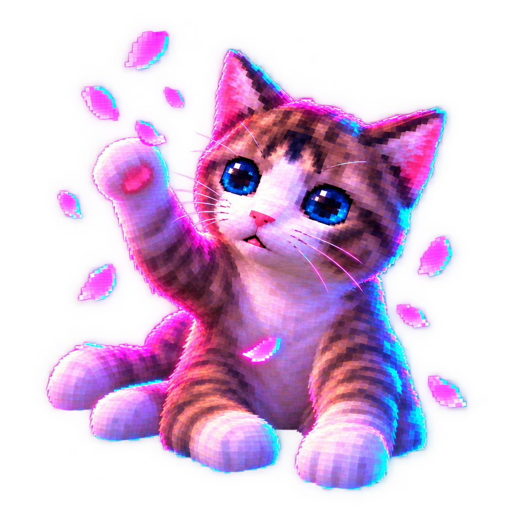 Lowpoly Cat swiping a paw upward amid scattered pink pixel petals