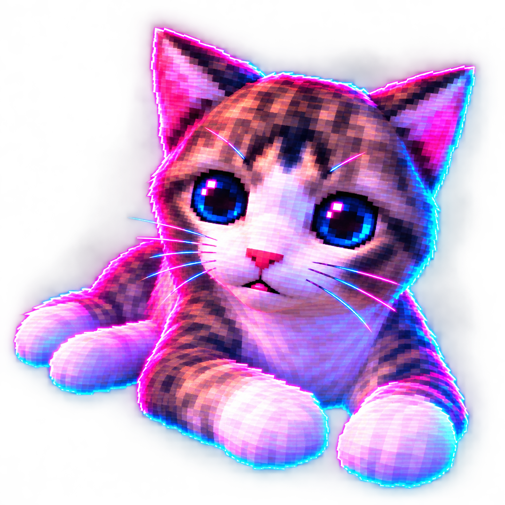 Close-up neon-outlined portrait of Lowpoly Cat's face, all jagged pixel edges glowing magenta and cyan